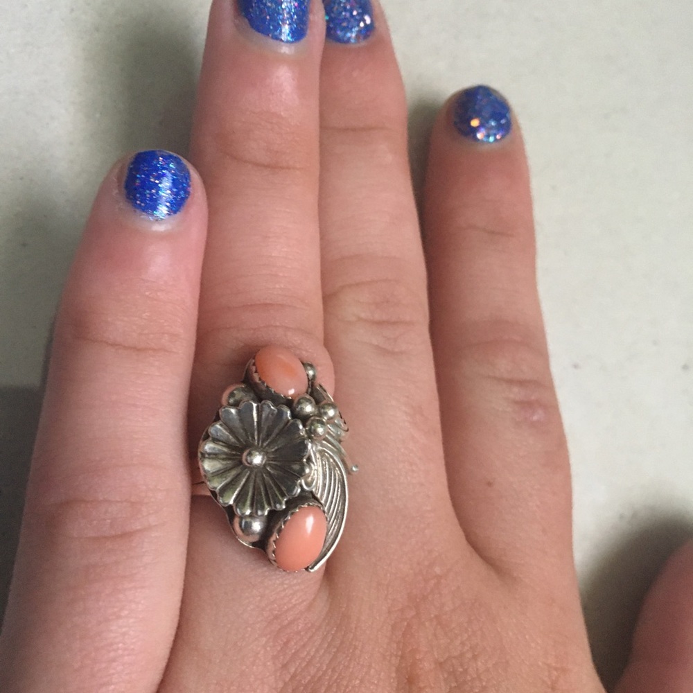 Genuine Sterling Silver and Coral Ring